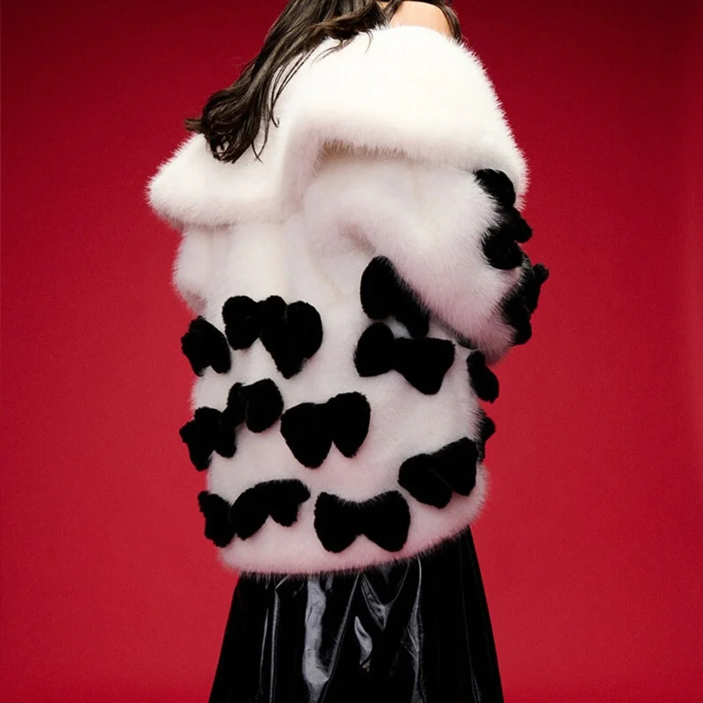 New Akira Bow Core Black and White Faux Fur Coat - Size S/M - Picture 3 of 5